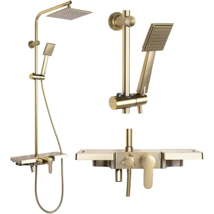 Rea Duschsystem Bravo Brush, Duscharmatur mit Duschkopf und Kopfbrause, Messing, gebürstetes Gold, Anti-Kalk Düsensystem, drei Funktionen, Aufputzmontage – Bild 1