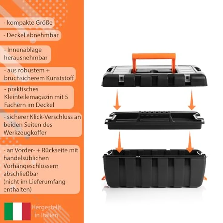 BigDean Werkzeugkoffer Werkzeugkoffer leer 37x20x16cm - aus bruchsicherem Kunststoff, Schwarz-Orange – Bild 5