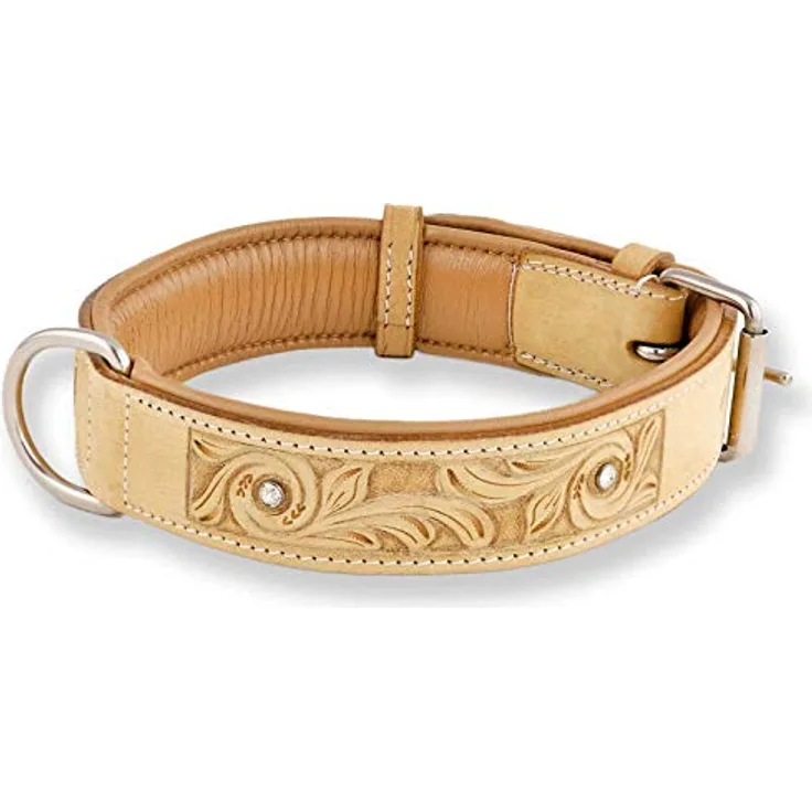 Monkimau Hundehalsband aus Leder - Halsband für Hunde mit Strass Kristall in Beige (XS-S: 25mm x 40cm)