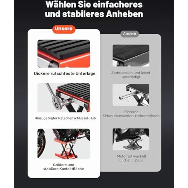 VEVOR Motorradheber, höhenverstellbare Motorradhebebühne 105-380 mm, 544 kg Tragkraft, breite Plattform mit rutschfester Deckfläche und integrierter Vorderradklemme – Bild 2