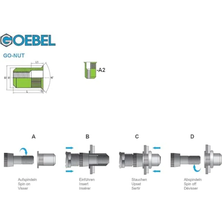 GOEBEL® Blindnietmuttern M6, 250 Stück, Edelstahl A2 (V2A), Ø 8,9 mm x L 16 mm, Senkkopf, Rundschaft, gerändelt, offen, hohe Zugkraft 15000 N – Bild 2