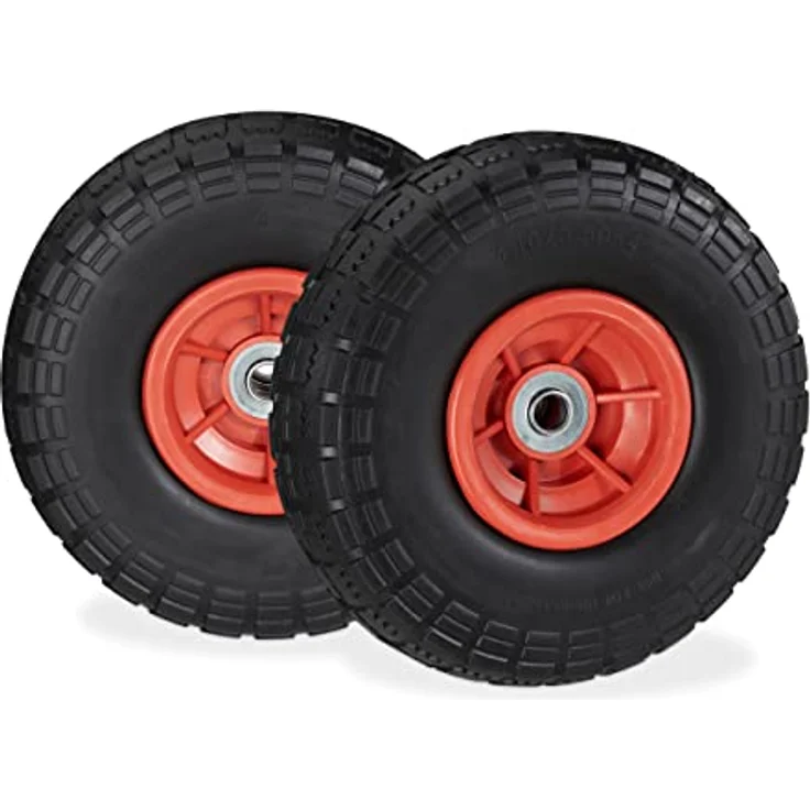 Relaxdays 2X Sackkarrenrad, pannensichere Vollgummireifen, 4.1/3.5-4", 16 mm Achse, bis 150 kg, 260x85 mm, schwarz-rot – Bild 1