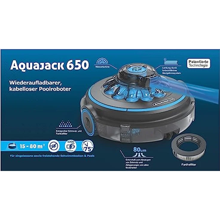 HC Garten & Freizeit Aquajack 650, wiederaufladbarer kabelloser Schwimmbadreiniger für Aufstellbecken, 80 Liter/Minute Saugleistung – Bild 4