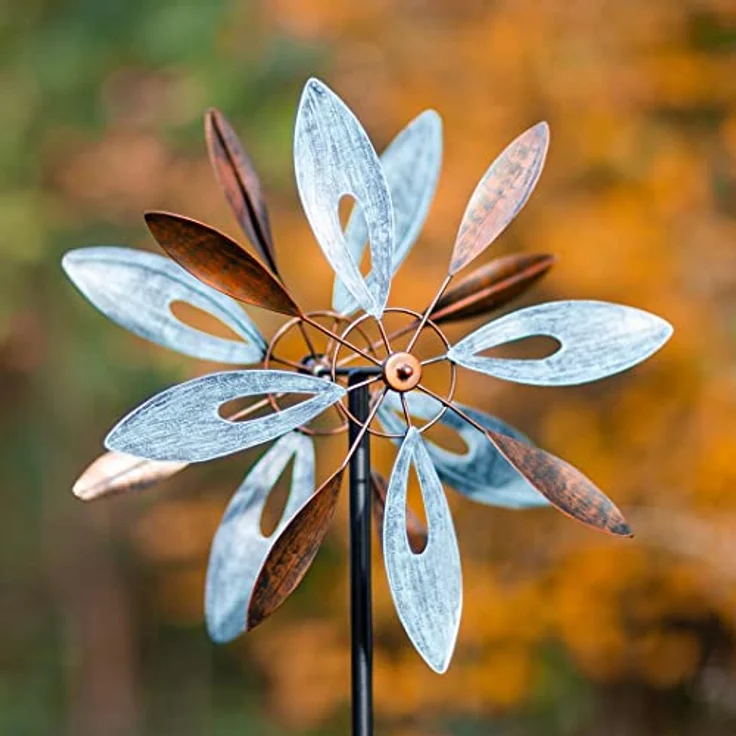 Kinetic Art Copper Flower Duett, Metall Windspiel mit kugelgelagertem Windrad, Solarpanel und LED, wetterfest mit stabilen Bodenankern für Garten und Terrasse – Bild 4
