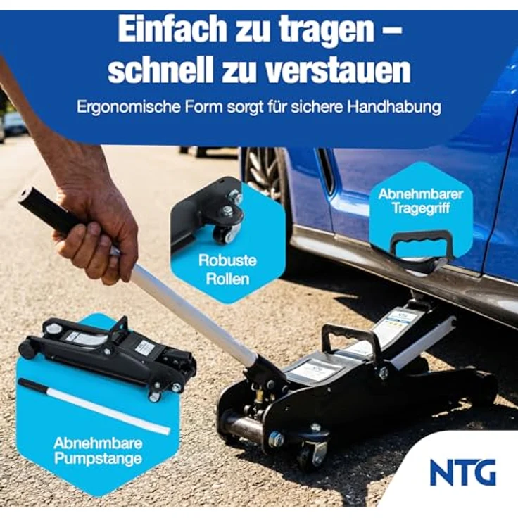 NTG Hydraulischer Wagenheber WGH.2513, 2,5T Traglast, Hubhöhe 85-375mm, TÜV-zertifiziert, flach für tiefe PKW – Bild 5