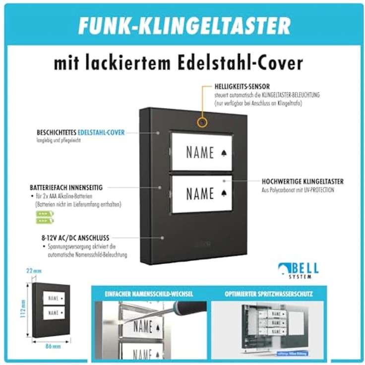 m-e Funkklingel BELL-522 AC, Edelstahl Anthrazit, Erweiterbare kabellose Türklingel mit 300m Reichweite, Set für 2-Familienhaus mit 16 Klingeltönen – Bild 5