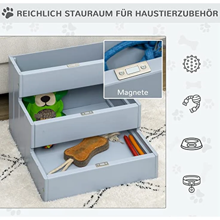 PawHut Haustiertreppe Hundetreppe 3 Stufen Einstiegshilfe mit Teppich Stauraum für Katzen und Hunde Tannenholz Grau 40,5 x 44,5 x 38 cm – Bild 5