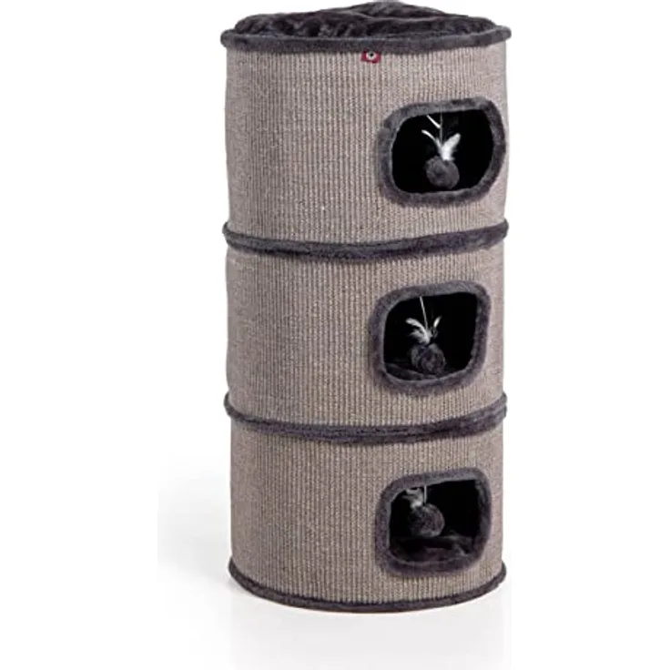 CanadianCat Company | Kratztonne Tony Höhe 90 cm, Spieltonne für Katzen ø 45 cm, Katzenkratzbaum mit 3 Höhlen, Katzenbaum, Kratzturm aus Sisal, Katzenmöbel, Plüsch, dunkelgrau