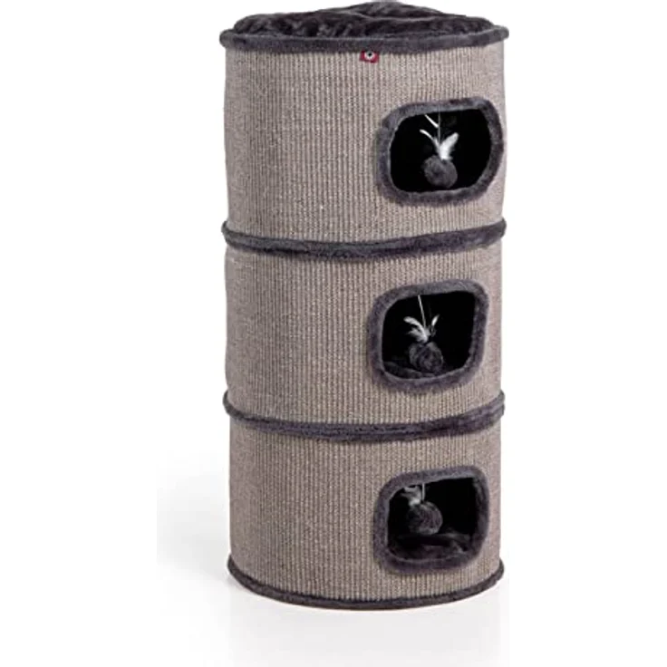CanadianCat Company | Kratztonne Tony Höhe 90 cm, Spieltonne für Katzen ø 45 cm, Katzenkratzbaum mit 3 Höhlen, Katzenbaum, Kratzturm aus Sisal, Katzenmöbel, Plüsch, dunkelgrau – Bild 1
