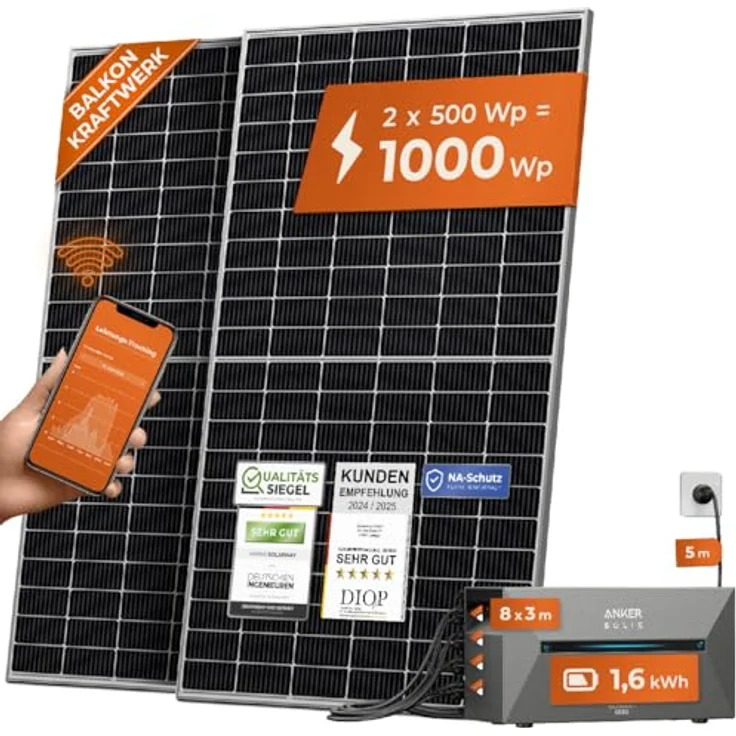 Solarway® All In One Balkonkraftwerk mit Speicher 1000W - 1,6 kWh Anker Solix 2 PRO Speicher - 500W Solarmodule & Zubehör, Schwarz – Bild 1
