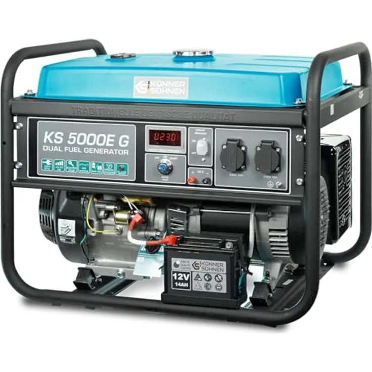 Könner & Söhnen KS 5000E G, 4500 W Gas- und Benzin-Generator mit Elektro- und Handstart, inkl. 2 Druckminderern, 25 L Tank, lange Laufzeit 17 Std.