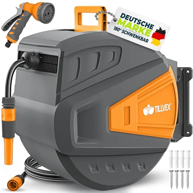 tillvex Schlauchtrommel Wasser mit Wandhalterung, 35m Gartenschlauch, 180° schwenkbar, Handbrause mit 9 Funktionen, Anthrazit/Orange – Bild 1