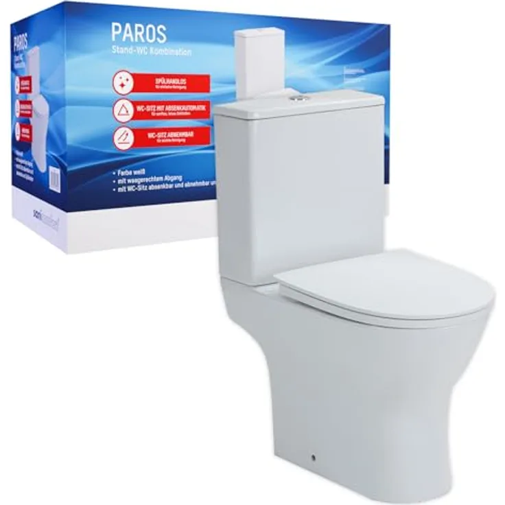 sanicomfort Stand-WC Kombination Paros, spülrandlos mit Soft-Close WC-Sitz und waagerechtem Abgang
