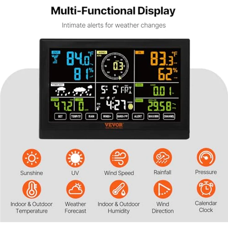 VEVOR 7-in-1 Wetterstation Funkwetterstation mit 7,5" Farbdisplay, Außensensor, RCC-Atomuhr, Messung von Windrichtung, Windgeschwindigkeit, Luftdruck, Temperatur und -feuchtigkeit, Mondphase, IPX6 wasserdicht – Bild 5