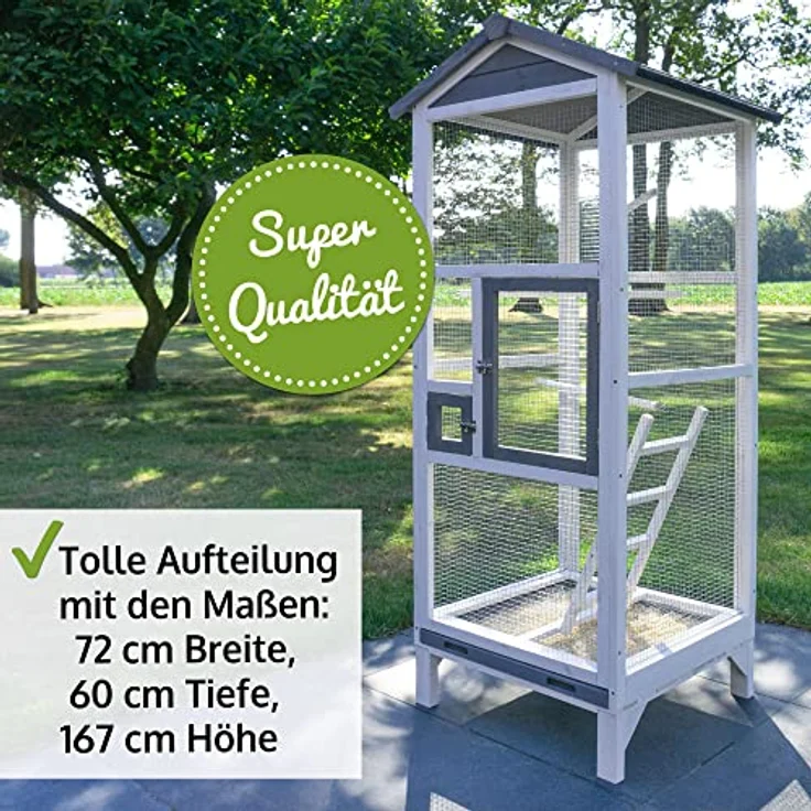 Zooprinz Vogelvoliere Apollo XL, wetterfestes Kiefernholz mit Bitumendach, Kotschublade, 12 mm Maschenweite, inkl. Sitzstangen, 122 x 177 x 58 cm – Bild 2