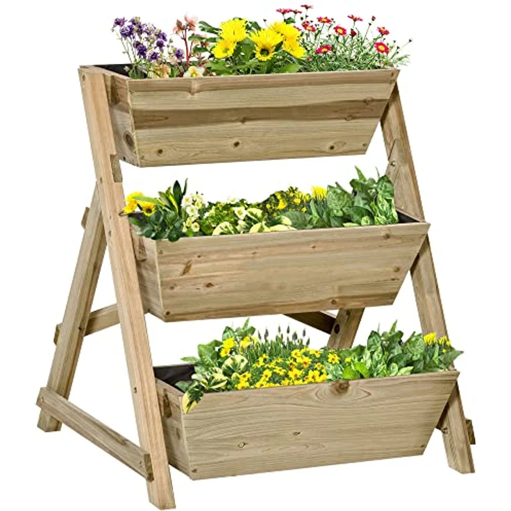Outsunny Hochbeet Blumentreppe Holz Blumenleiter mit 3 Ablagen Pflanzentreppe Pflanzregal Pflanzenständer Blumenregal Blumenständer Natur 71 x 61 x 77 cm – Bild 1