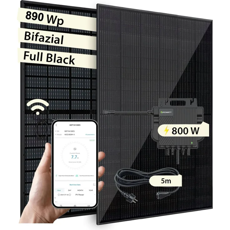 VALE Bifaziales Solaranlage Set mit Growatt Wechselrichter, 890 Wp, Full Black, App-Steuerung, Komplettset für Balkon und Garten