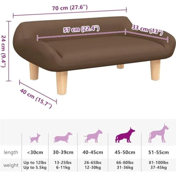 vidaXL Hundekorb Hundebett Braun 70x40x24 cm Stoff Körbchen Hundesofa mit massivem Kiefernholzrahmen – Bild 7