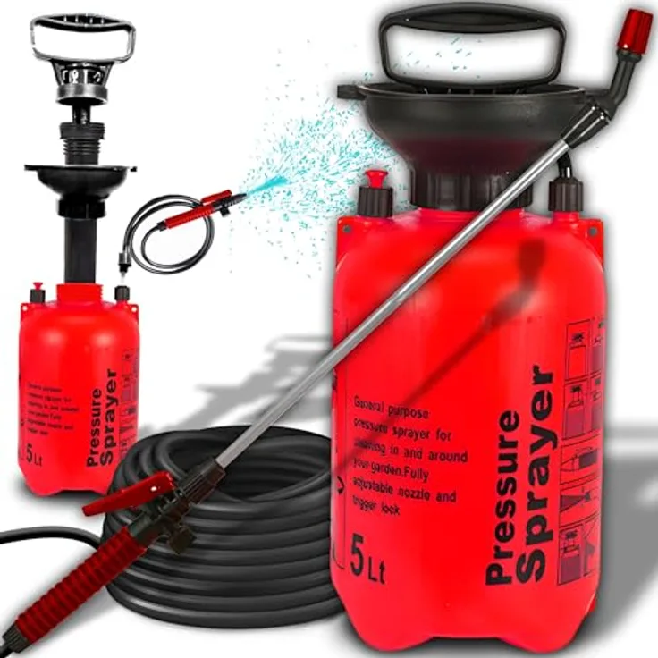Retoo Drucksprüher, 5L Füllinhalt, Hochleistungssprühgerät, Gartenspritze, Düse, Edelstahl, Schlauch 1,2 für Essigsäure, Wasser, Dünger, Pflanzenschutz, Kompressoranschluss, Schultertragegurt