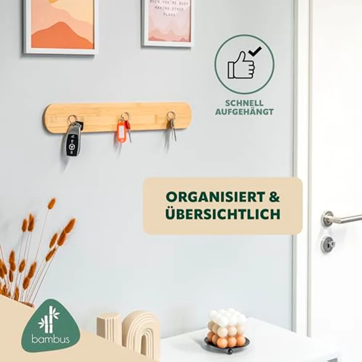 eluno Schlüsselbrett, magnetische Schlüsselleiste aus Bambus, moderne Schlüsselaufbewahrung, 45 cm, zum Kleben oder Bohren – Bild 3