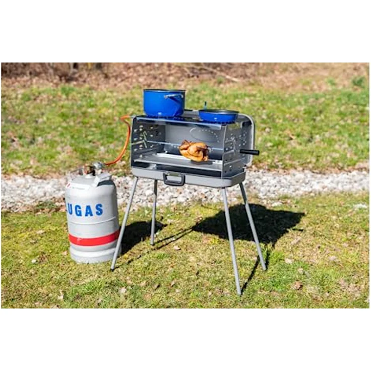 BERGER Camping Gasgrill Klappbar | Tragbarer Koffergrill mit 3 Brenner | 50 mbar für schnelles Kochen | 3 Kochstellen & ein Grillspieß inklusive | Für das ultimative Grillvergnügen – Bild 5