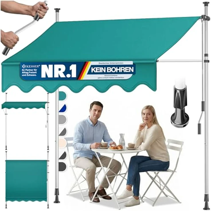 KESSER® Klemmmarkise mit Handkurbel, UV-beständig & wasserabweisend, höhenverstellbar, Montage ohne Bohren, 250cm für Balkon, Terrasse & Garten – Bild 1