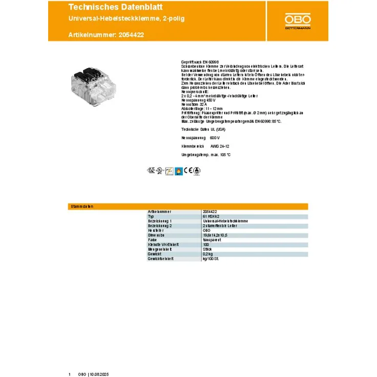 OBO Bettermann Universal-Hebelsteckklemme 61 HSK42, für 2 starre/flexible Leiter