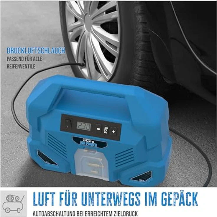 Güde Kompressor Dual Drive 12/230V 150 Watt, max 8 bar, tragbar - Leichter und handlicher Kompaktkompressor mit vielseitigem Zubehör – Bild 4