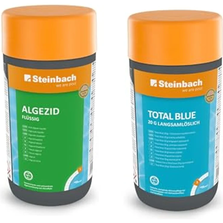 Steinbach Poolpflege Starter-Set, Algezid flüssig + Total Blue Chlor Tabletten, langsamlöslich 20g, für sauberes und kristallklares Poolwasser – Bild 1