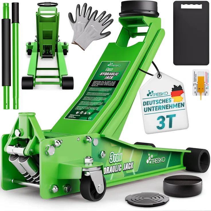 TRESKO® Hydraulischer Wagenheber 3T, Hubhöhe 75-510mm, flach, Doppelkolben, 360° Rollen, inkl. 2 Gummiauflagen, Schutzmatte, Handschuhe, Profilmesser