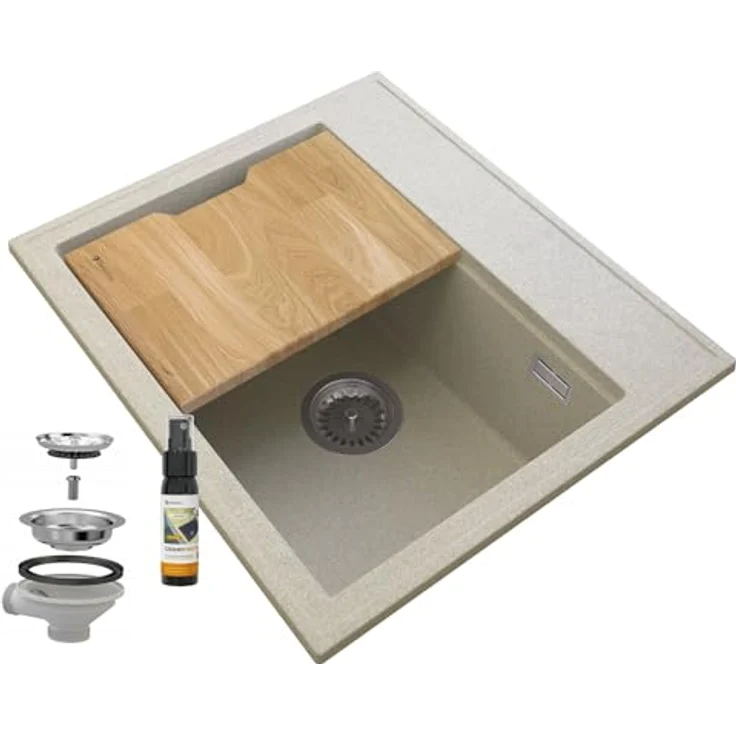 Granitan GRANITAN Foxal Küchenspüle, Granit Unterbauspüle mit manuellem Siphon, langlebige Granitspüle in elegantem Design - inkl. Spülenabdichtung und passendem Küchenbrett aus Holz – Bild 1