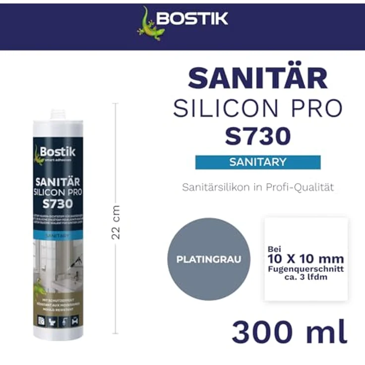 BOSTIK S730 Sanitär Silikon Pro, Platingrau, 300ml - elastisch und chemikalienbeständig für Sanitärfugen – Bild 2