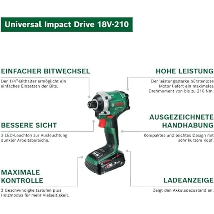Bosch UniversalImpactDrive 18V-210, Akku-Drehschlagschrauber mit 210 Nm, inkl. Akku PBA 18V 2.0Ah, Ladegerät, Tragekoffer – Bild 3