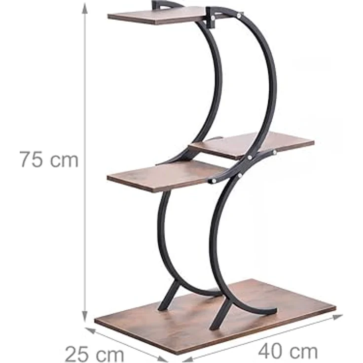 relaxdays Blumenständer Pflanzenständer, Industrial Design aus pulverbeschichtetem Eisen und MDF in Dunkelbraun, für bis zu 5 Pflanztöpfe, schwarz – Bild 4