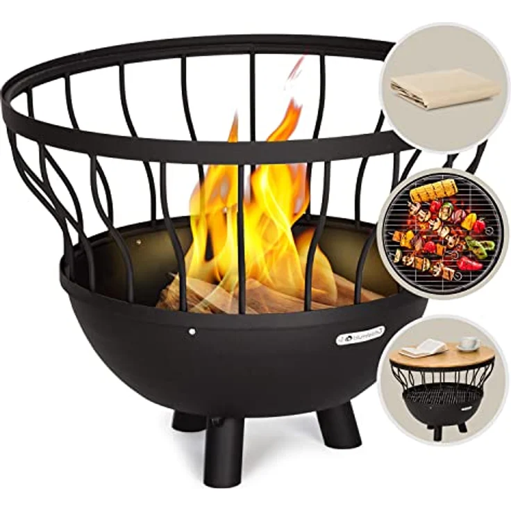Blumfeldt Feuerschale Garten, 63 cm hohe Wetterfeste Feuerstelle mit Grillrost, Bambusdeckel und Grillring, aus robustem Stahl – Bild 1
