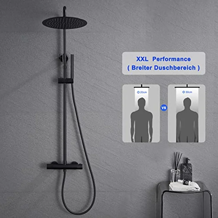JOHO Thermostat Duschset Regendusche mit 30 cm XXL Regenduschkopf, Thermostatarmatur in Matt Schwarz, höhenverstellbar – Bild 2