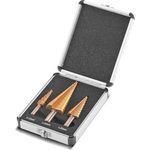 STAHLWERK HSS Stufenbohrer 3er Set TiN-Beschichtung 4-12 | 4-20 | 4-32 mm titanbeschichtete Metallbohrer mit Aluminium-Box