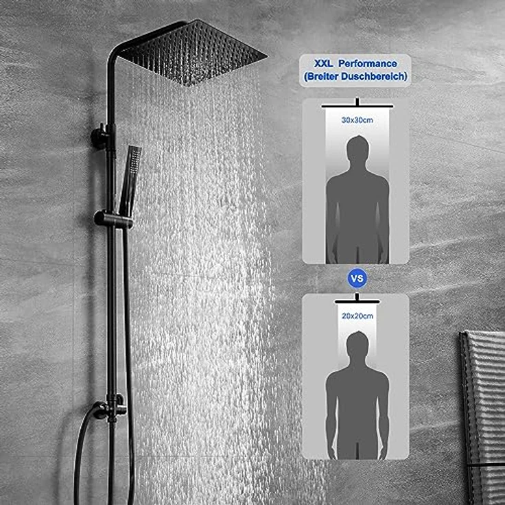 JOHO XXL Regendusche Edelstahl Duschset, 30x30cm Kopfbrause, wassersparend, schwarz matt, höhenverstellbare Duschstange – Bild 2