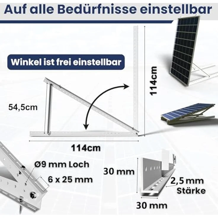 Rhein Beleuchtung Solarpanel Halterung Flachdach, 114 cm für Solarmodule 100W-800W, verstellbarer Winkel 0-90°, korrosionsbeständig, 2 Sets – Bild 4