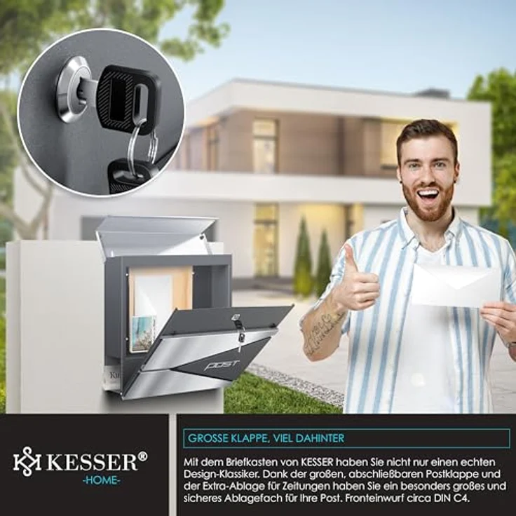 KESSER® Briefkasten mit Zeitungsfach Wandmontage Wandbriefkasten Edelstahl, 2x Schlüssel abschließbar, Moderner Postkasten Zeitungsrolle, inkl. Montagematerial, Softclose-Deckel, Anthrazit Silber – Bild 4