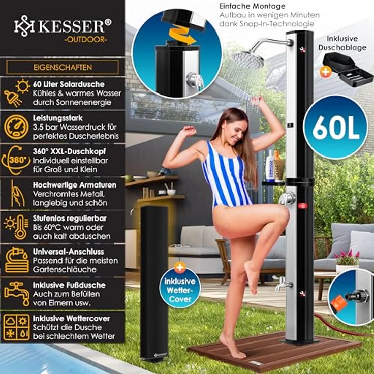 KESSER Solardusche 40- 60 Liter Solar Gartendusche warmes Wasser max. 60°C Inkl. Schutzhaube ohne Stromanschluss Pooldusche CampingRegenduschkopf und Wasserhahn Gartenschlauch-Anschluss Schwarz - Silber, 60 Liter - Preisvergleich – Bild 2
