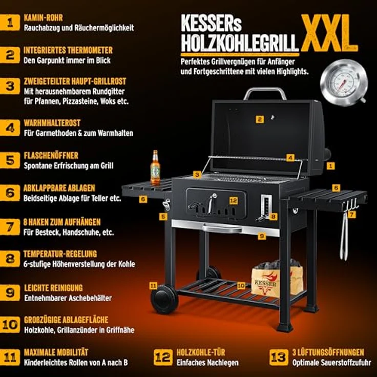 KESSER® Grill Grillwagen XXL Holzkohlegrill mit Deckel, Rädern, Edelstahl-Griff, Thermometer und großem Grillrost, Holzkohle BBQ Barbeque für Camping, Terrasse, Garten in Schwarz – Bild 3