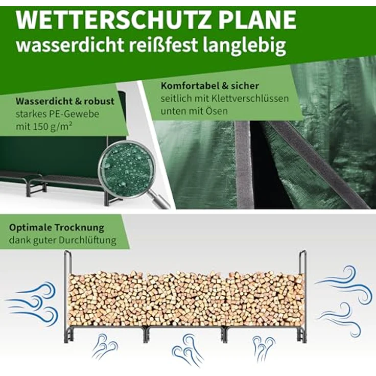 TTL GARDEN Kaminholzregal L 300x36x116cm, schwarz, wetterfeste Schutzplane, rostfreier Stahl, bis 600kg Holz, für innen und außen – Bild 4