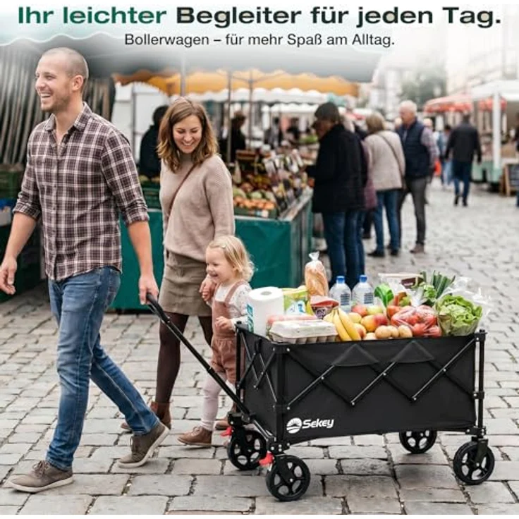 Sekey Faltbarer Bollerwagen XXL 135L, 150KG belastbar, klappbar mit Geländereifen und Bremse, patentierter 4-Wege-Sofortaufbau, Schwarz – Bild 2