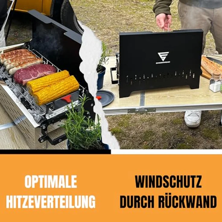 SCHNEIDERFREUDE Klappgrill 2.0, Höhenverstellbarer Holzkohle-Camping-Grill mit Doppelfunktions-Zangen & Tragetasche, DEKRA-geprüft – Bild 5