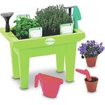 BURI Kinder-Hochbeet mit Gartenwerkzeug in Grün - 12 TLG. Mini Frühbeet Pflanzkasten für Kinder Kräuterbeet aus Kunststoff Gemüsebeet ohne scharfe Kanten, 30 cm hoch