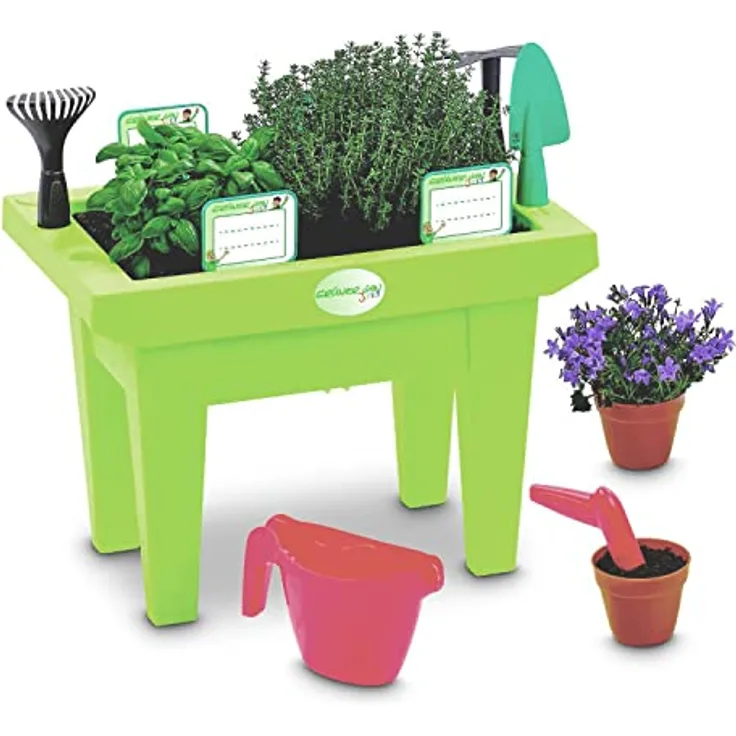 BURI Kinder-Hochbeet mit Gartenwerkzeug in Grün - 12 TLG. Mini Frühbeet Pflanzkasten für Kinder Kräuterbeet aus Kunststoff Gemüsebeet ohne scharfe Kanten, 30 cm hoch