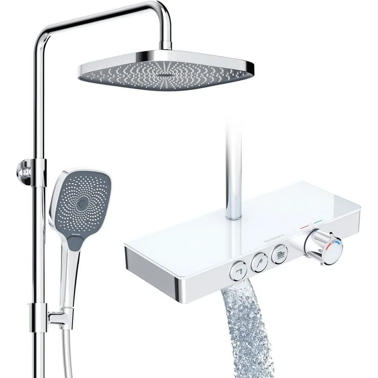 Rainsworth Duschsystem mit Thermostat und Glasablage, 3 Strahlart(en), 26x26 cm, und Unterer Auslauf - Duschset Regendusche mit Armatur, Chrom - Preisvergleich