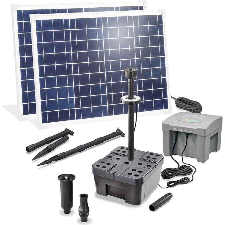 Esotec Solar Teichfilter-Set Profi 100/4000, für Teiche bis 5000 l, mit LED Lichtring und Akkuspeicher, inkl. 2 Solarmodule 50 Wp