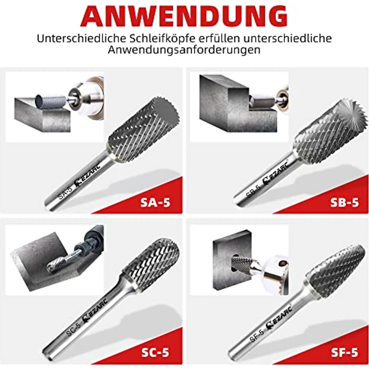 EZARC SB-5 Hartmetall Frässtifte, Doppelschnitt Drehfeile, Zylinderform mit 1/4-Zoll(6mm)-Schaft, 1/2" Schneiddurchmesser für Stahlmetallbearbeitung, Polieren und Gravieren – Bild 5